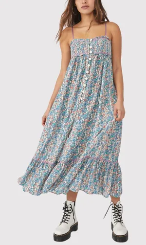 Free People Maxi Dress Blue Molly Jo Floral Button Down Cutout Back Smocked XS thumbnail 1