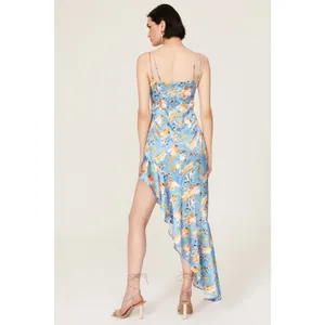 Nookie Simone Blue Floral Satin Asymmetrical Ruffled Cut Out Cocktail Dress L thumbnail 3