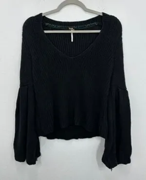 Free People Sweater XS Black Cotton Blend V Neck Knit Bell Sleeve Pullover‎ thumbnail 1
