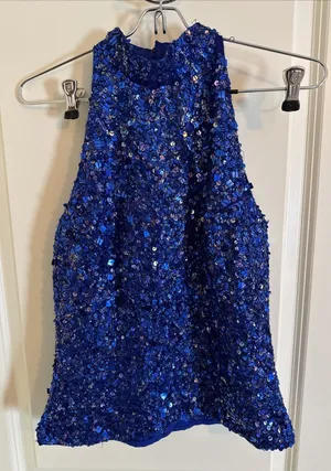 Vintage Laurence Kazar Blue Silk Hand Sequined‎ Halter Top Sz Small 90's Retro thumbnail 1