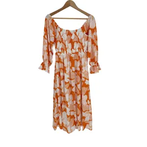Sugar + Lips‎ Floral Smocked Midi Dress Small Orange White Cottagecore Boho thumbnail 5