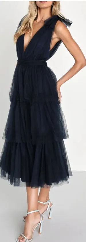 Lulus Flawless Arrival Navy Blue Tulle Tie-Strap Tiered Maxi Dress thumbnail 1