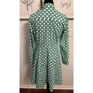 Boden Shirt Dress Long Sleeve Button Up Cotton Green/White Geometric Size 6R thumbnail 2