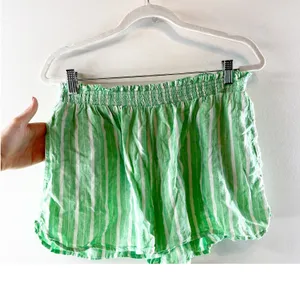Aerie Linen Blend Striped Pull On Smocked High Waisted Shorts Celebrity Green L thumbnail 3
