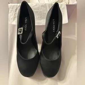 Lisa Vicky Black Satin Platform Heels - NIB - Size 7.5 thumbnail 3