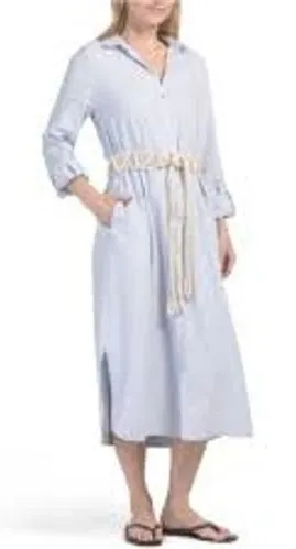 Calypso St. Barth Shirtdress Womens S Blue Linen Blend Macrame Belt‎ Midi Dress thumbnail 1