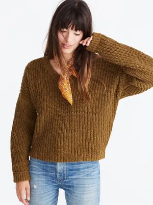Madewell Gold Yellow Pleat Sleeve Pullover V Neck 90s Style Sweater Sz Medium thumbnail 1