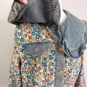 Floral Tapestry Denim Jacket Oversized Ruffle Peter Pan Collar Woven Medium thumbnail 6