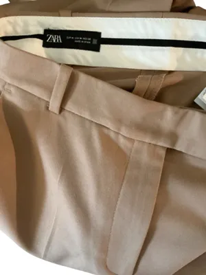 Zara Tan Beige High-Waisted Wide-Leg Trousers Asymmetric Button Waist Size M thumbnail 3