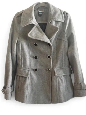 Gray Express pea coat with belt in size L thumbnail 1