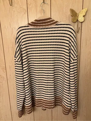 BKE Womwn’s Cream, Black & Brown Striped Half-Zip Sweater thumbnail 5