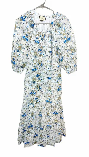 Tuckernuck Dress Womens M Blue White Floral Cotton Puff Sleeve Tiered Midi thumbnail 1