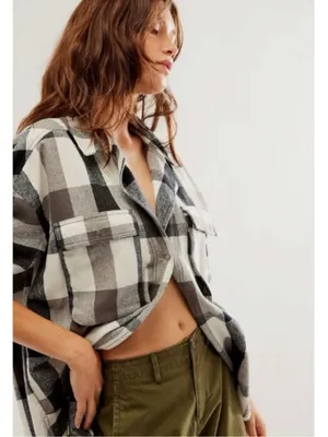 We The Free Free People Izzie Plaid Oversized Cargo Shirt Jacket Shacket Large Grunge 90s thumbnail 6