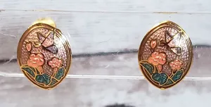 Vintage Clip On Earrings - 5/8" Oval Shape with Butterfly & Flowers Design thumbnail 1