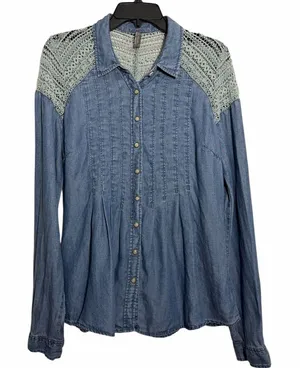 Free People Lace Embroidered Denim‎ Pearl Snap Tencel Linen Button Down Shirt 10 thumbnail 1
