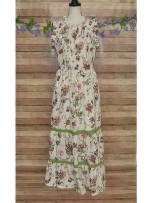 Cream Shabby Chic Floral Smocked Sleeveless Tiered Maxi Dress by Cato Size L thumbnail 9