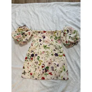 H&M Linen Blend Floral Off Shoulder Puff Sleeve LaceUp Back Dress size M -42 thumbnail 3