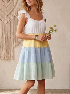 NEW ANTHROPOLOGIE MINE Ruffle Tiered Dress Small Yellow Blue Green cottage thumbnail 2