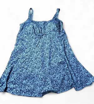 Vtg It Figures Slender Thighs One Piece Swimsuit Blue White Dress Women Sz 22w. thumbnail 1