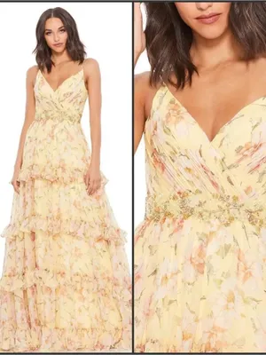 NWT Mac Duggal 67794 Yellow Tiered Floral Chiffon Gown Size 2 thumbnail 2