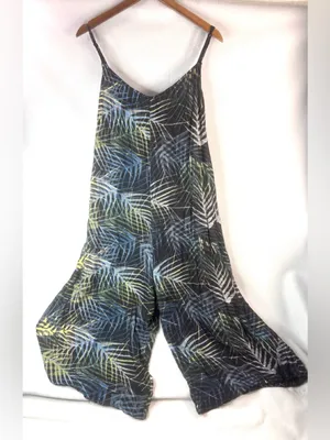 World Market L/XL Tropical Leaf-Print Wide Leg Jumpsuit - Blue & Green thumbnail 8