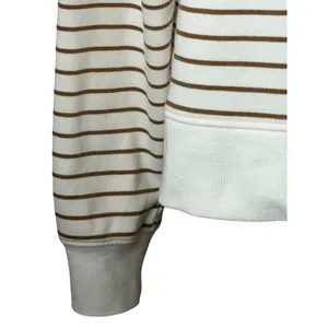 Evereve Striped Sweatshirt Women Medium Ivory Tan‎ Snap Detail Preppy Coastal thumbnail 7
