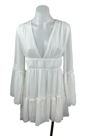 Miss Ord Women's White Deep V Neck Long Sleeve Tiered Mini Flare A-Line Dress XS thumbnail 1
