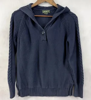Eddie Bauer Hooded Sweater‎ Women Small Cotton Cable Knit Minimal Preppy Granola thumbnail 1