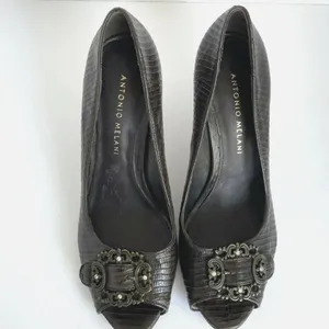 Antonio Melani Sz 6 Brown Buckle Snake Embossed Leather‎ Peep Toe Stiletto thumbnail 2