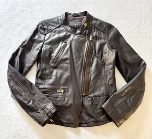 Maje Asymmetric Leather Moto Jacket Womens Size 3‎ L Brown Biker Gold Zip Edgy thumbnail 1