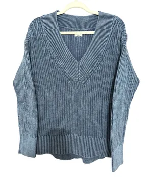 Aerie Wide V-Neck Oversized Pullover‎ Sweater Distressed Blue Women's Size XS thumbnail 1