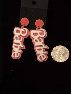 Retro Pink Barbie Script Dangle Earrings, Y2K Girly Logo Novelty Drop Jewelry thumbnail 3