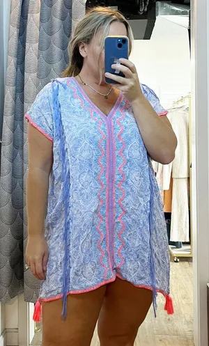 Surf Gypsy Floral Embroidered Short Sleeve Bohemian Tunic Cover-Up Dress Blue S thumbnail 1