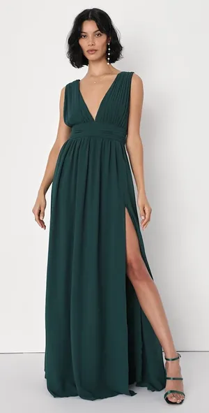 Lulu’s Heavenly Hues Forest Green maxi dress with V-neckline & flowy skirt thumbnail 1