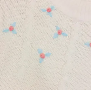 Vintage White Cable Knit Rosette Sweater Pink Mint Green Floral M Pastel Cottage thumbnail 4