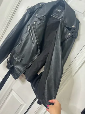 Zara Faux Leather Moto Jacket Biker Grunge Streetwear Belted Black Size L thumbnail 6