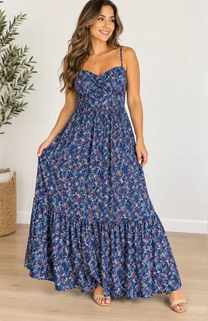 Wishlist Apparel Blue Floral Boho Maxi Dress Size L thumbnail 1