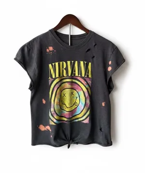 NIRVANA Black Tie-Front distressed tee with Multicolor Smiley Graphic thumbnail 1