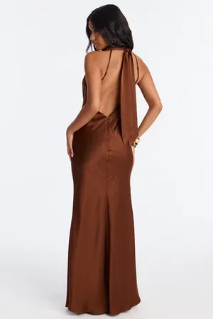 Brown Satin Maxi Open Back Coke Neck Dress thumbnail 2