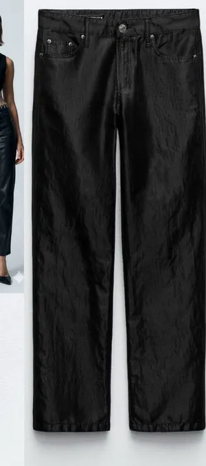 Zara Nwt Satin Effect Shiny Metallic Mid Waist Straight Leg Pants 4 thumbnail 1