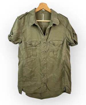 Free People Medium Green Utility Button Front Cuffed Sleeve Tunic Mini Dress thumbnail 1