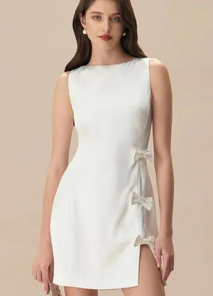 RIHOAS The White Boat Neck Bowknot Satin Mini Dress S thumbnail 3