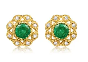 14K Gold Plated Diamond Green Gemstone Emerald Stud Earrings for Women thumbnail 3