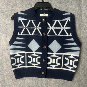 navy woman Size 2 Small blue geometric motif button-up sweater vest‎ thumbnail 1