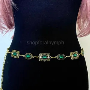 Gold Y2K Emerald Green Jewel Whimsygoth Chain Belt, Fits 26-35 Inches, X7GA1382 thumbnail 1