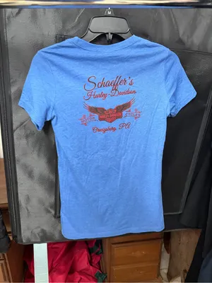 Women’s Schaeffer’s Harley-Davidson Navy Blue Tee with White Script Size Medium thumbnail 5
