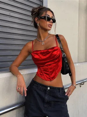 Urban Outfitters Red Satin Corset Bustier Crop Top Zip Back M thumbnail 1