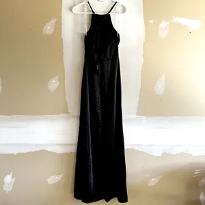Lulu's Make it Elegant Satin Strappy Maxi Dress Halter Neck Slit Formal Black XS thumbnail 6