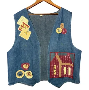 Vintage Women XL Patchwork Denim Vest Blue‎ Folk Art House Applique Artistic thumbnail 1