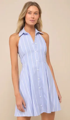 Lulus Posh Beauty Light Blue Striped Collared Halter Mini Skater Dress thumbnail 1